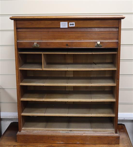 A 1920s teak tambour fronted filing cabinet H.76cm